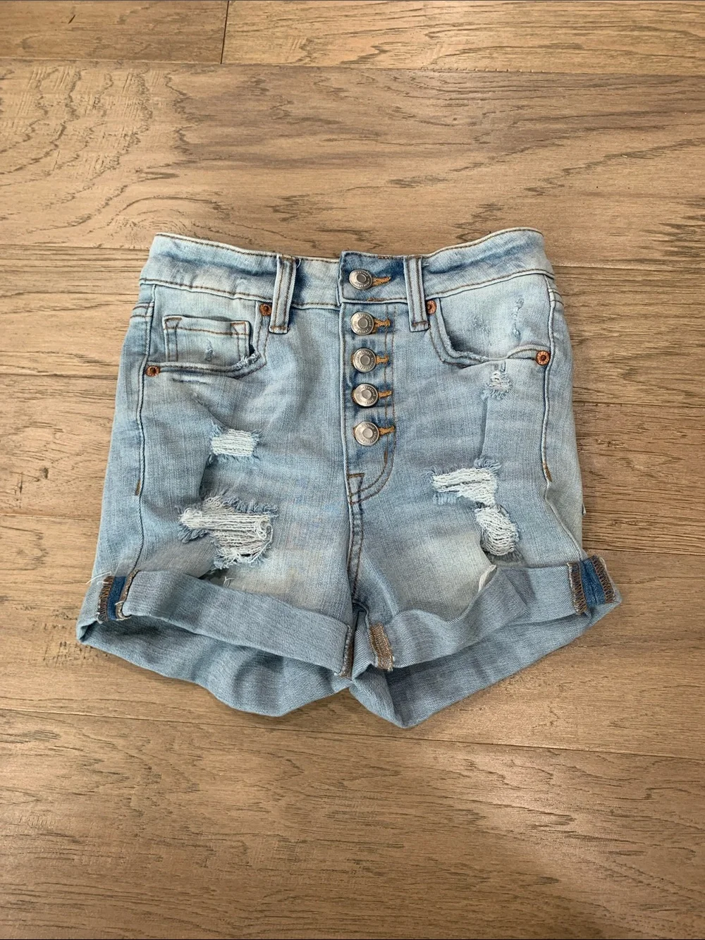 Aeropostale Light Blue Distressed Super High-Rise Midi Denim Shorts Size 00